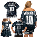 Personalized Carlton Blues Rugby Family Matching Off Shoulder Short Dress and Hawaiian Shirt Aboriginal Dot Art - Dreamtime Football Mascot