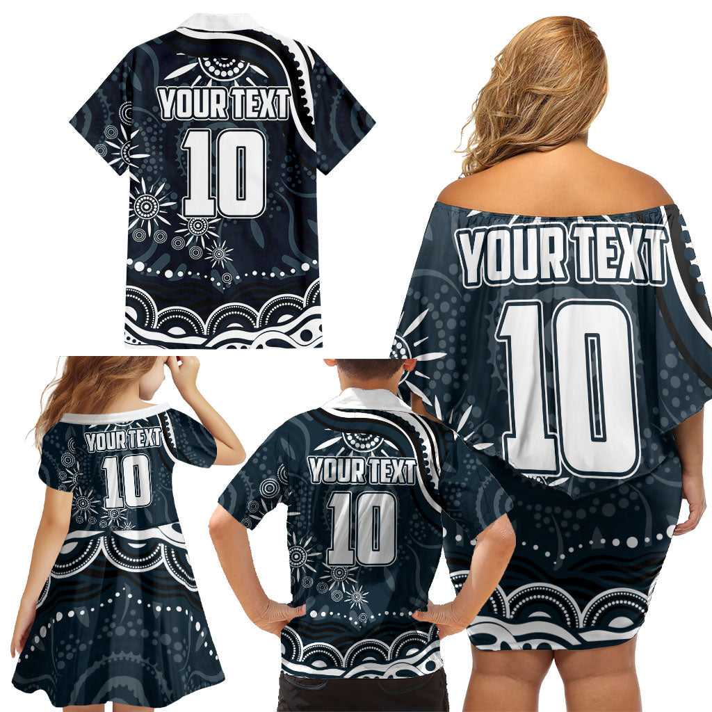 Personalized Carlton Blues Rugby Family Matching Off Shoulder Short Dress and Hawaiian Shirt Aboriginal Dot Art - Dreamtime Football Mascot