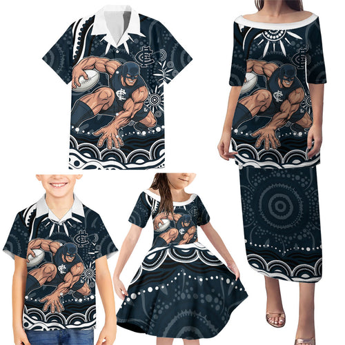 Personalized Carlton Blues Rugby Family Matching Puletasi and Hawaiian Shirt Aboriginal Dot Art - Dreamtime Football Mascot