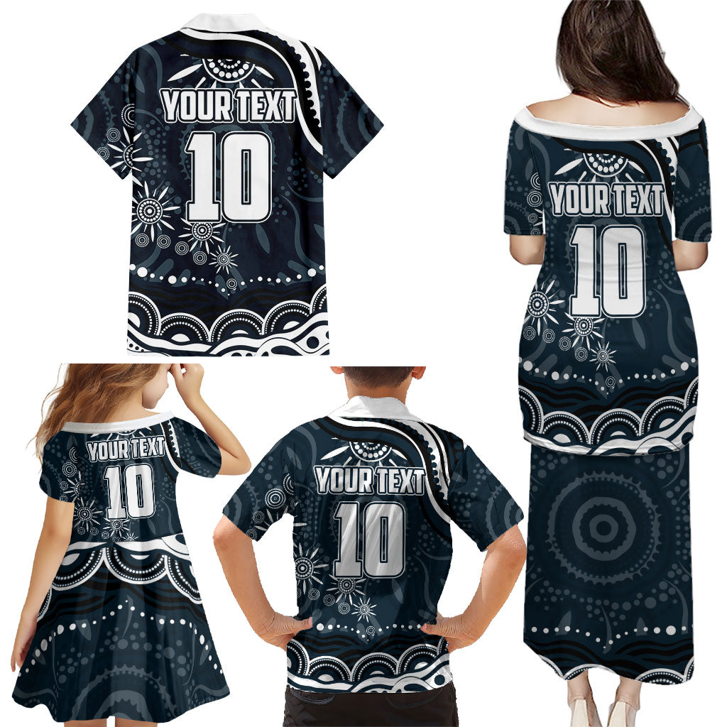 Personalized Carlton Blues Rugby Family Matching Puletasi and Hawaiian Shirt Aboriginal Dot Art - Dreamtime Football Mascot