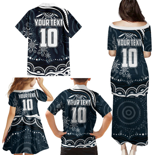 Personalized Carlton Blues Rugby Family Matching Puletasi and Hawaiian Shirt Aboriginal Dot Art - Dreamtime Football Mascot
