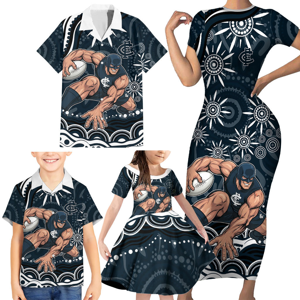 Personalized Carlton Blues Rugby Family Matching Short Sleeve Bodycon Dress and Hawaiian Shirt Aboriginal Dot Art - Dreamtime Football Mascot