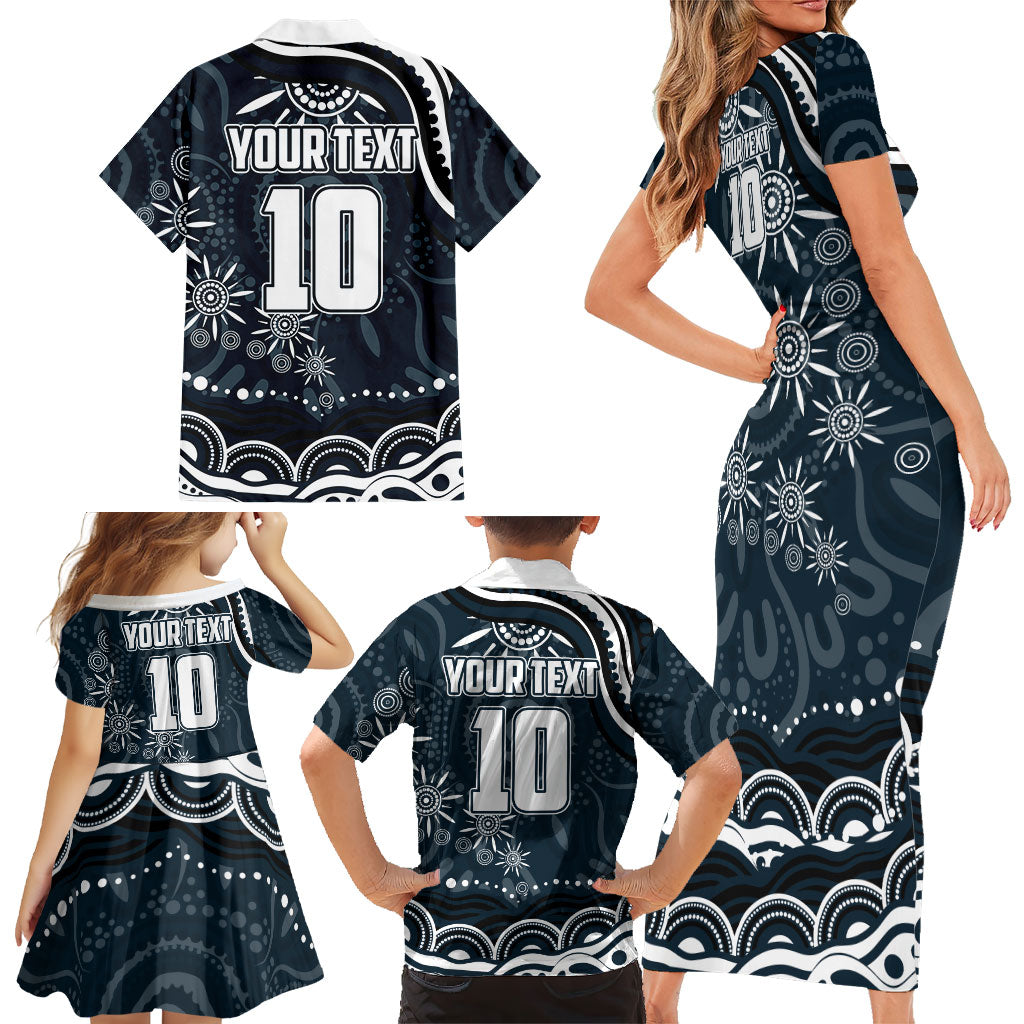 Personalized Carlton Blues Rugby Family Matching Short Sleeve Bodycon Dress and Hawaiian Shirt Aboriginal Dot Art - Dreamtime Football Mascot