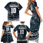 Personalized Carlton Blues Rugby Family Matching Short Sleeve Bodycon Dress and Hawaiian Shirt Aboriginal Dot Art - Dreamtime Football Mascot