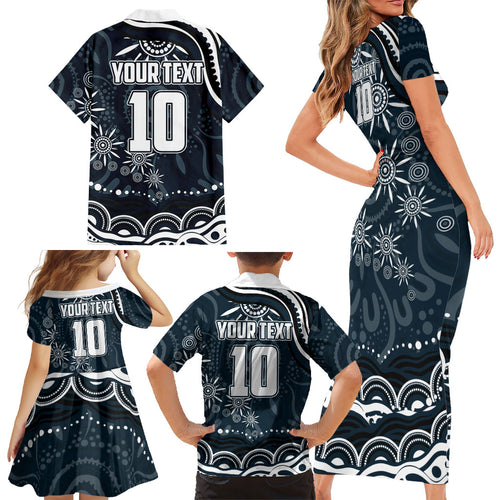 Personalized Carlton Blues Rugby Family Matching Short Sleeve Bodycon Dress and Hawaiian Shirt Aboriginal Dot Art - Dreamtime Football Mascot