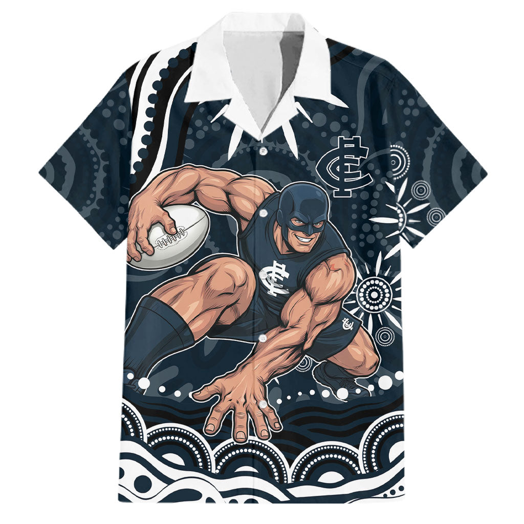 Personalized Carlton Blues Rugby Family Matching Short Sleeve Bodycon Dress and Hawaiian Shirt Aboriginal Dot Art - Dreamtime Football Mascot