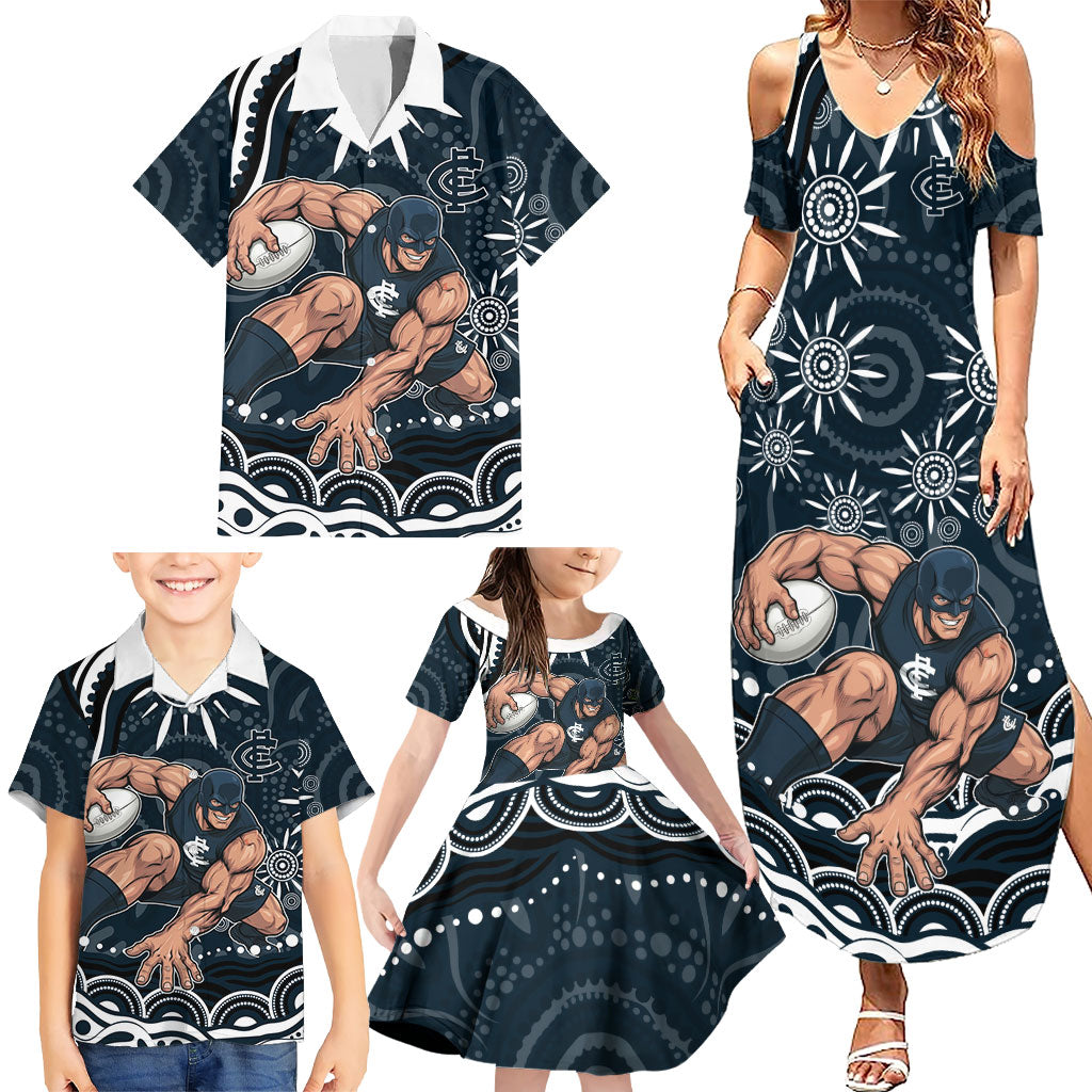 Personalized Carlton Blues Rugby Family Matching Summer Maxi Dress and Hawaiian Shirt Aboriginal Dot Art - Dreamtime Football Mascot