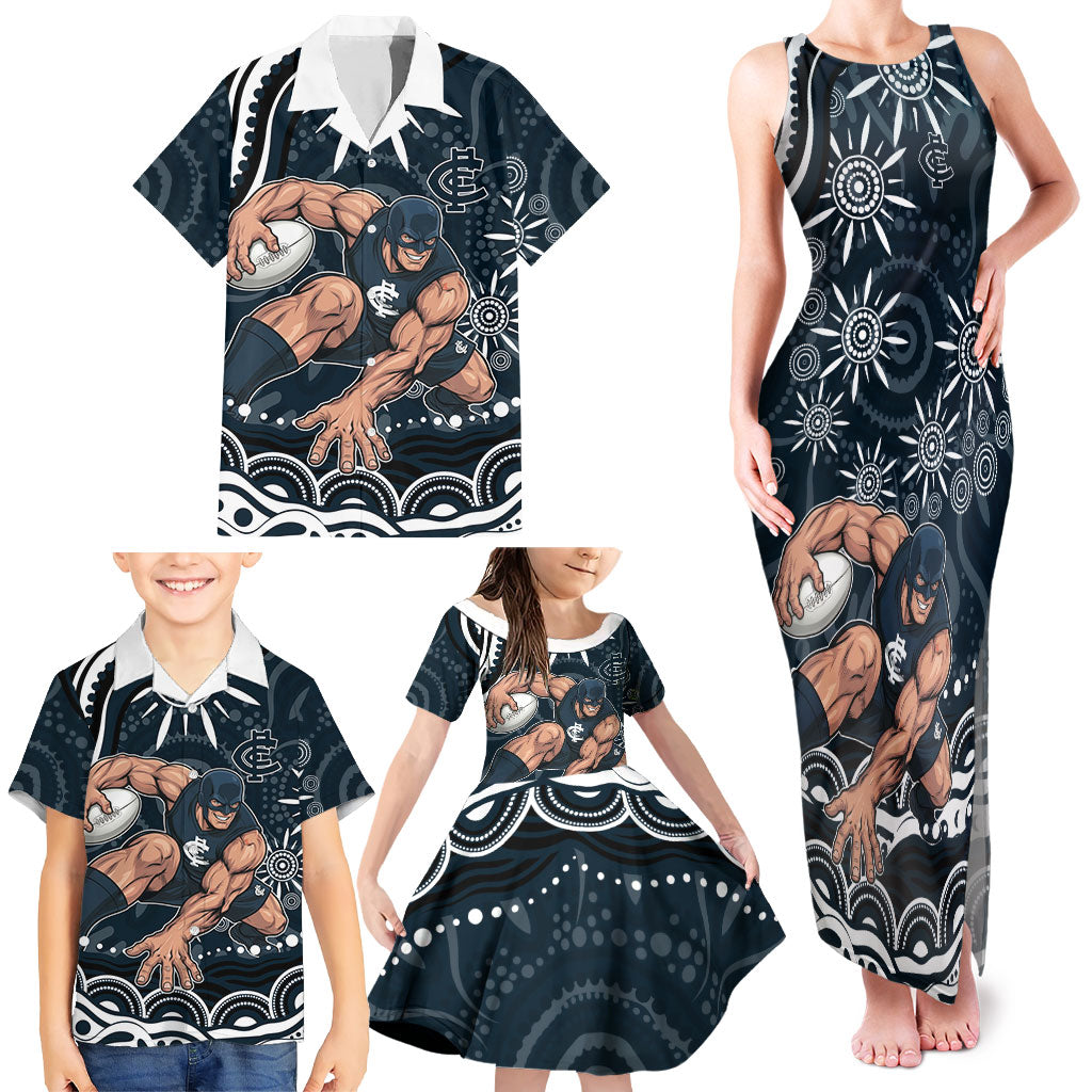 Personalized Carlton Blues Rugby Family Matching Tank Maxi Dress and Hawaiian Shirt Aboriginal Dot Art - Dreamtime Football Mascot