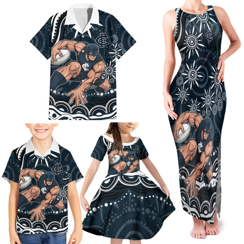 Personalized Carlton Blues Rugby Family Matching Tank Maxi Dress and Hawaiian Shirt Aboriginal Dot Art - Dreamtime Football Mascot