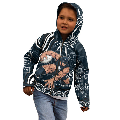 Personalized Carlton Blues Rugby Kid Hoodie Aboriginal Dot Art - Dreamtime Football Mascot