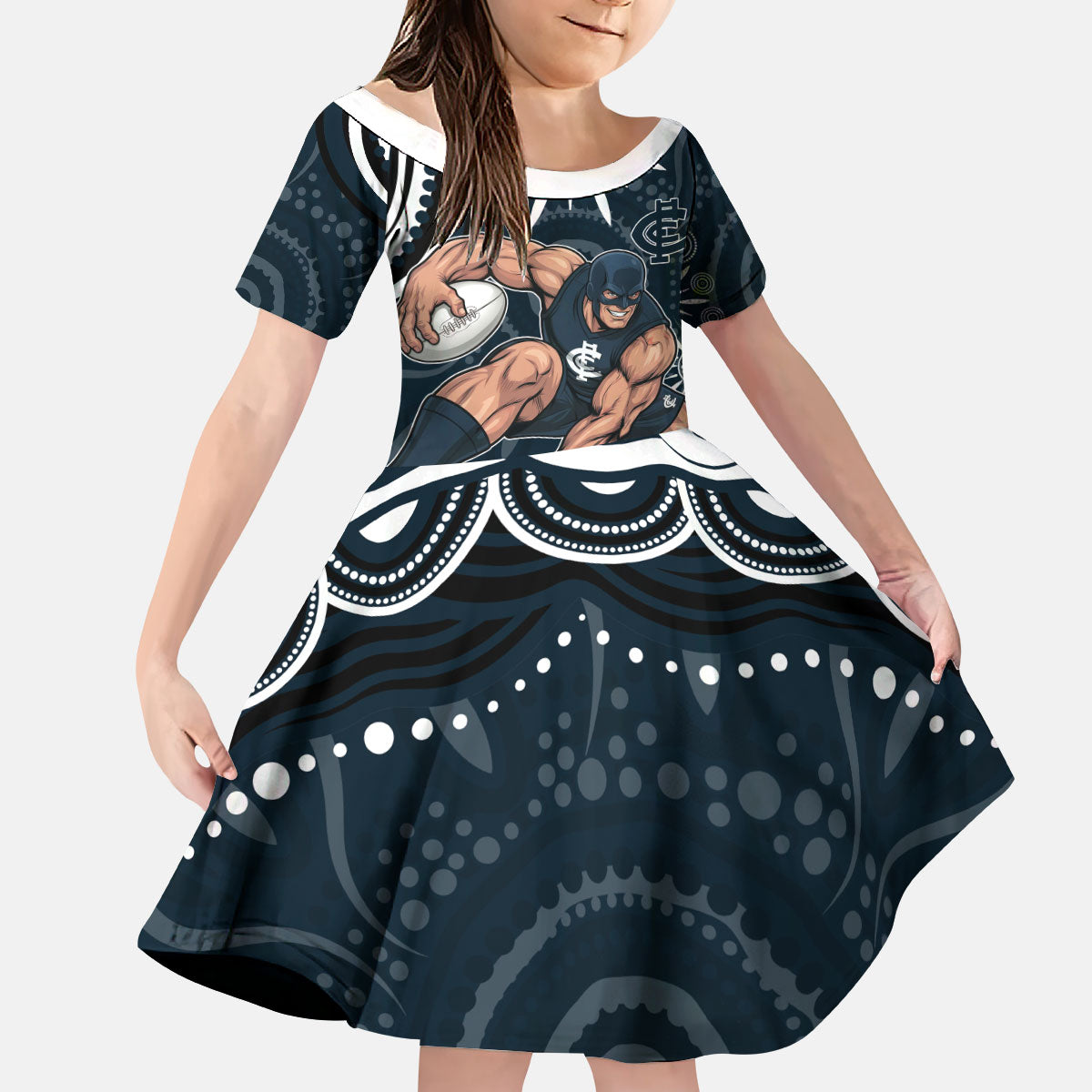 Personalized Carlton Blues Rugby Kid Short Sleeve Dress Aboriginal Dot Art - Dreamtime Football Mascot