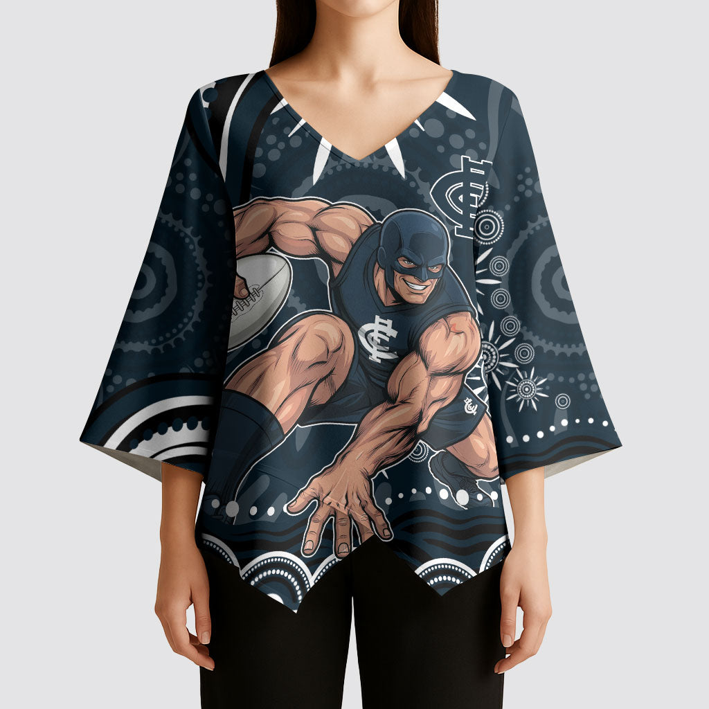 Personalized Carlton Blues Rugby Kimono Sleeve Blouse Aboriginal Dot Art - Dreamtime Football Mascot