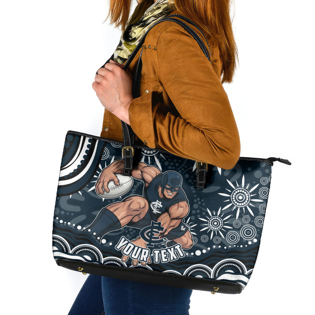 Personalized Carlton Blues Rugby Leather Tote Bag Aboriginal Dot Art - Dreamtime Football Mascot
