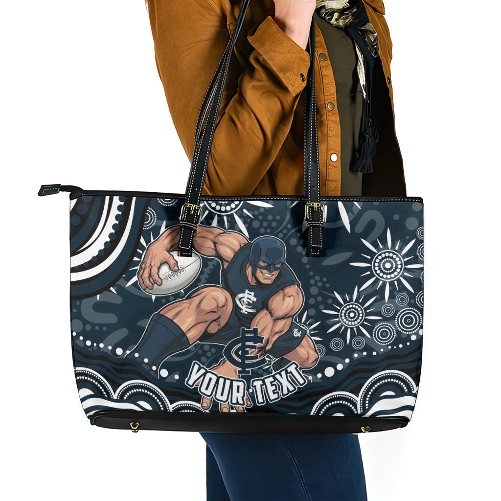 Personalized Carlton Blues Rugby Leather Tote Bag Aboriginal Dot Art - Dreamtime Football Mascot
