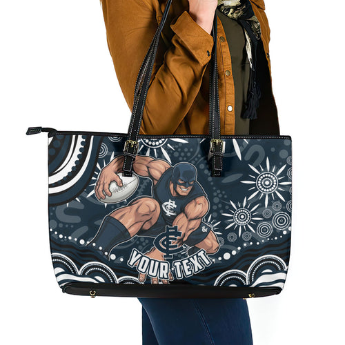 Personalized Carlton Blues Rugby Leather Tote Bag Aboriginal Dot Art - Dreamtime Football Mascot