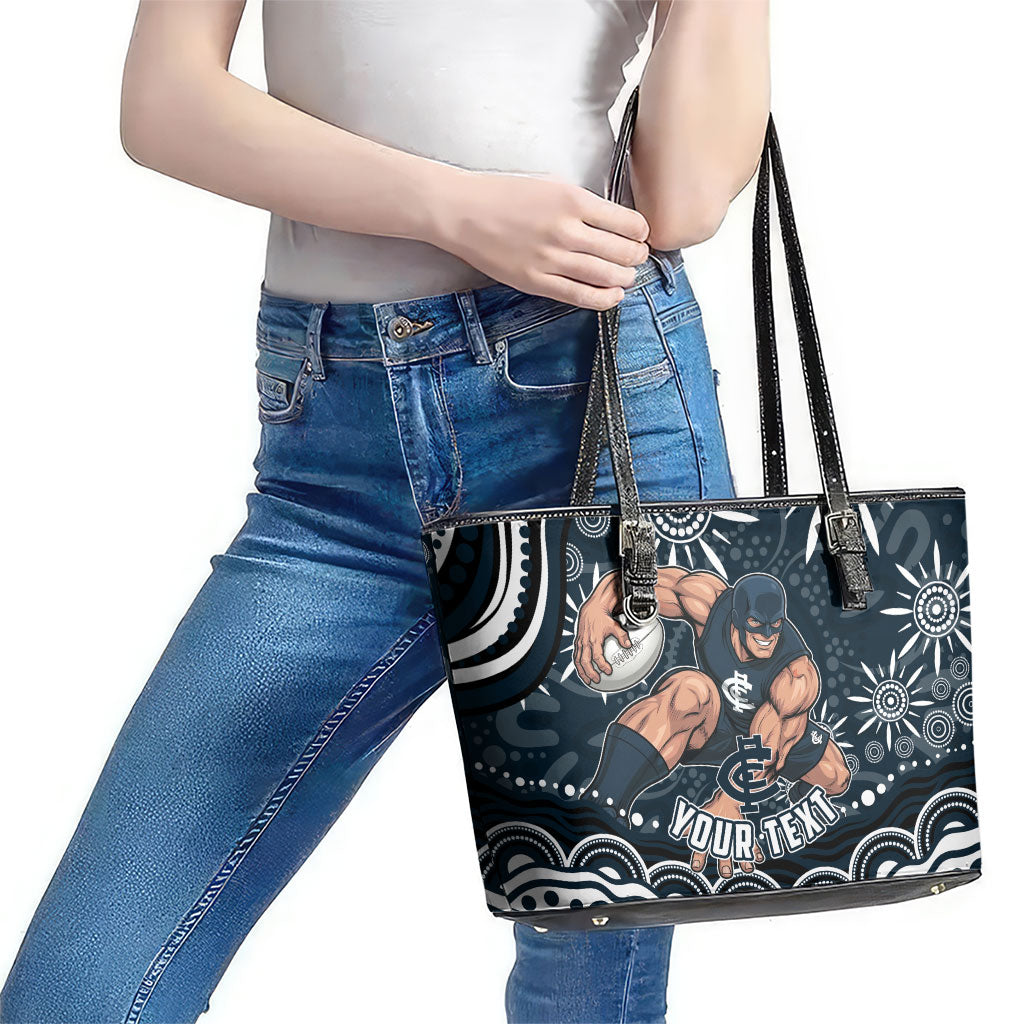 Personalized Carlton Blues Rugby Leather Tote Bag Aboriginal Dot Art - Dreamtime Football Mascot