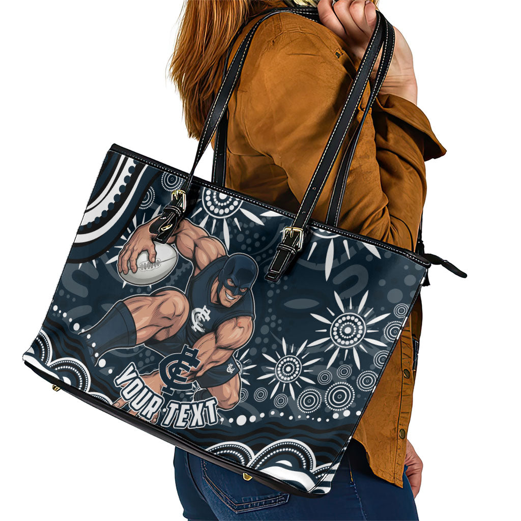 Personalized Carlton Blues Rugby Leather Tote Bag Aboriginal Dot Art - Dreamtime Football Mascot