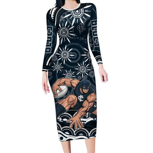 Personalized Carlton Blues Rugby Long Sleeve Bodycon Dress Aboriginal Dot Art - Dreamtime Football Mascot