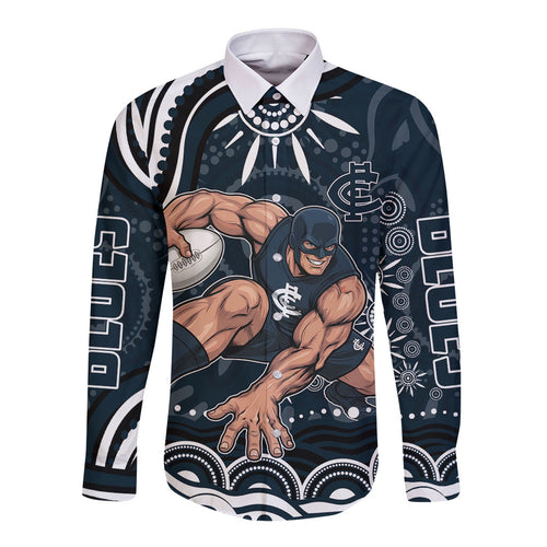 Personalized Carlton Blues Rugby Long Sleeve Button Shirt Aboriginal Dot Art - Dreamtime Football Mascot