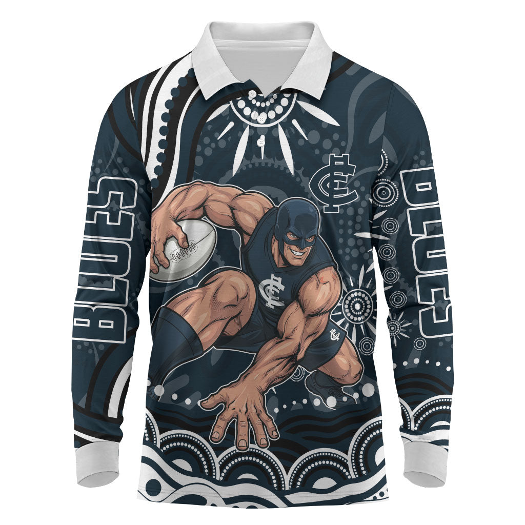 Personalized Carlton Blues Rugby Long Sleeve Polo Shirt Aboriginal Dot Art - Dreamtime Football Mascot