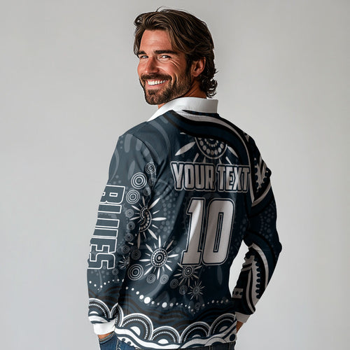 Personalized Carlton Blues Rugby Long Sleeve Polo Shirt Aboriginal Dot Art - Dreamtime Football Mascot