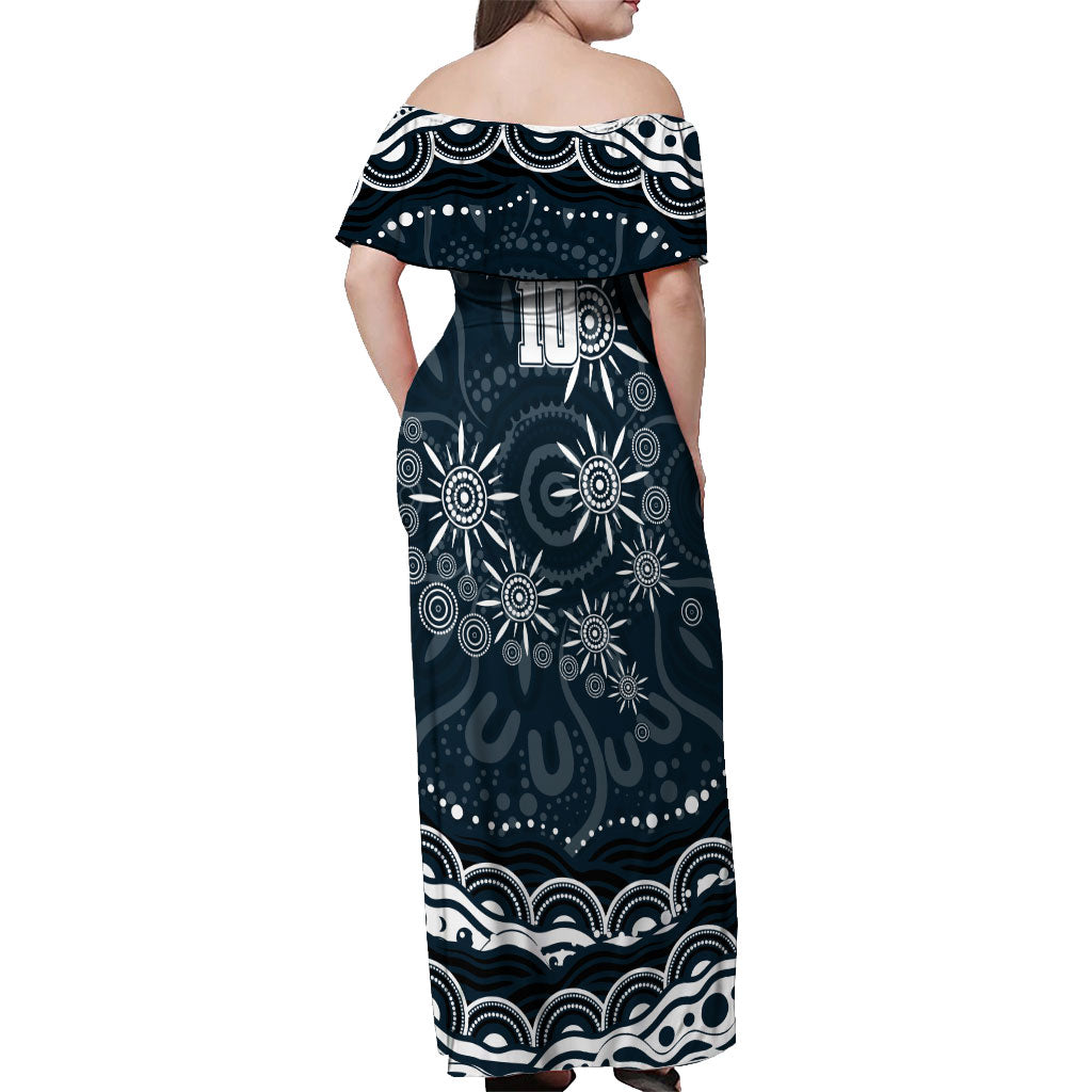Personalized Carlton Blues Rugby Off Shoulder Maxi Dress Aboriginal Dot Art - Dreamtime Football Mascot