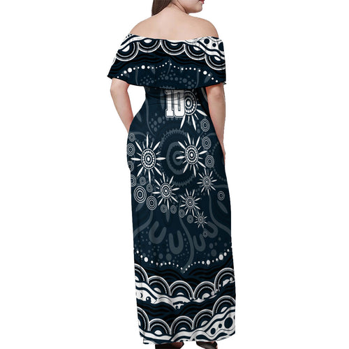 Personalized Carlton Blues Rugby Off Shoulder Maxi Dress Aboriginal Dot Art - Dreamtime Football Mascot