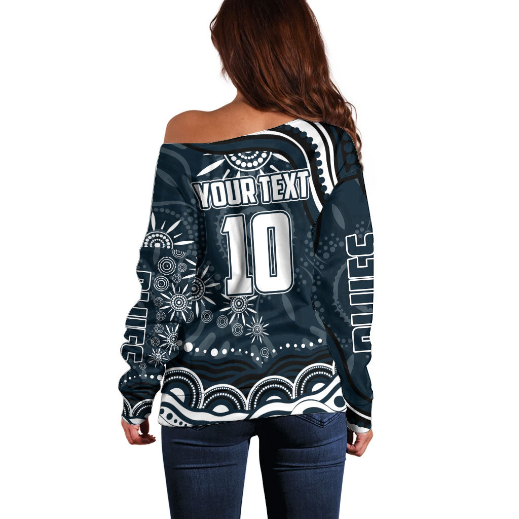 Personalized Carlton Blues Rugby Off Shoulder Sweater Aboriginal Dot Art - Dreamtime Football Mascot