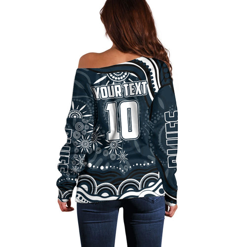 Personalized Carlton Blues Rugby Off Shoulder Sweater Aboriginal Dot Art - Dreamtime Football Mascot