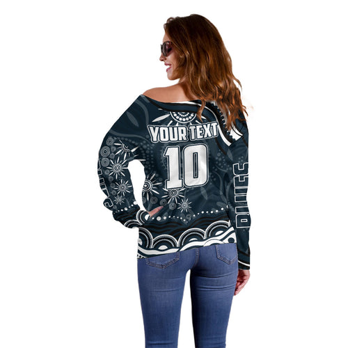 Personalized Carlton Blues Rugby Off Shoulder Sweater Aboriginal Dot Art - Dreamtime Football Mascot