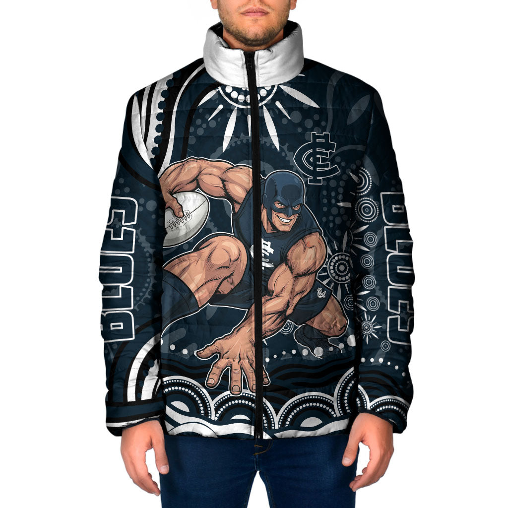 Personalized Carlton Blues Rugby Padded Jacket Aboriginal Dot Art - Dreamtime Football Mascot