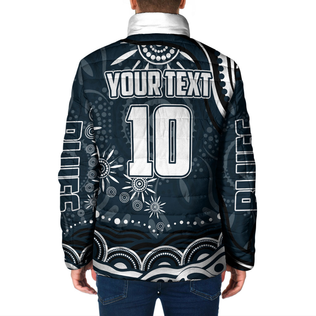 Personalized Carlton Blues Rugby Padded Jacket Aboriginal Dot Art - Dreamtime Football Mascot