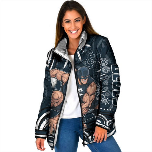 Personalized Carlton Blues Rugby Padded Jacket Aboriginal Dot Art - Dreamtime Football Mascot