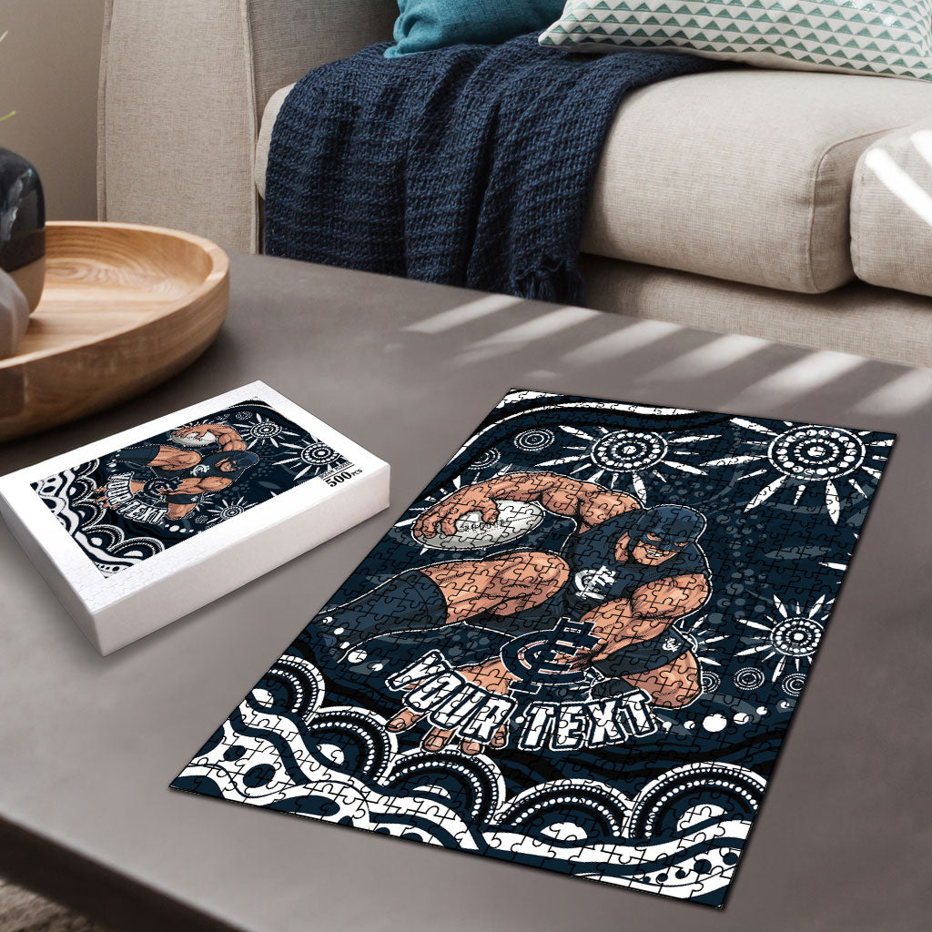 Personalized Carlton Blues Rugby Puzzle Aboriginal Dot Art - Dreamtime Football Mascot