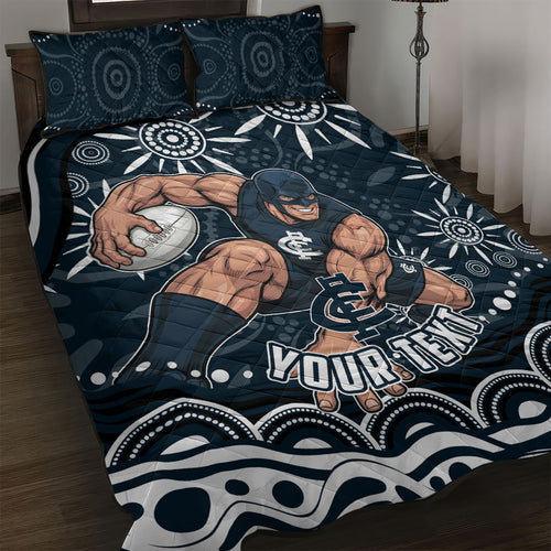 Personalized Carlton Blues Rugby Quilt Bed Set Aboriginal Dot Art - Dreamtime Football Mascot