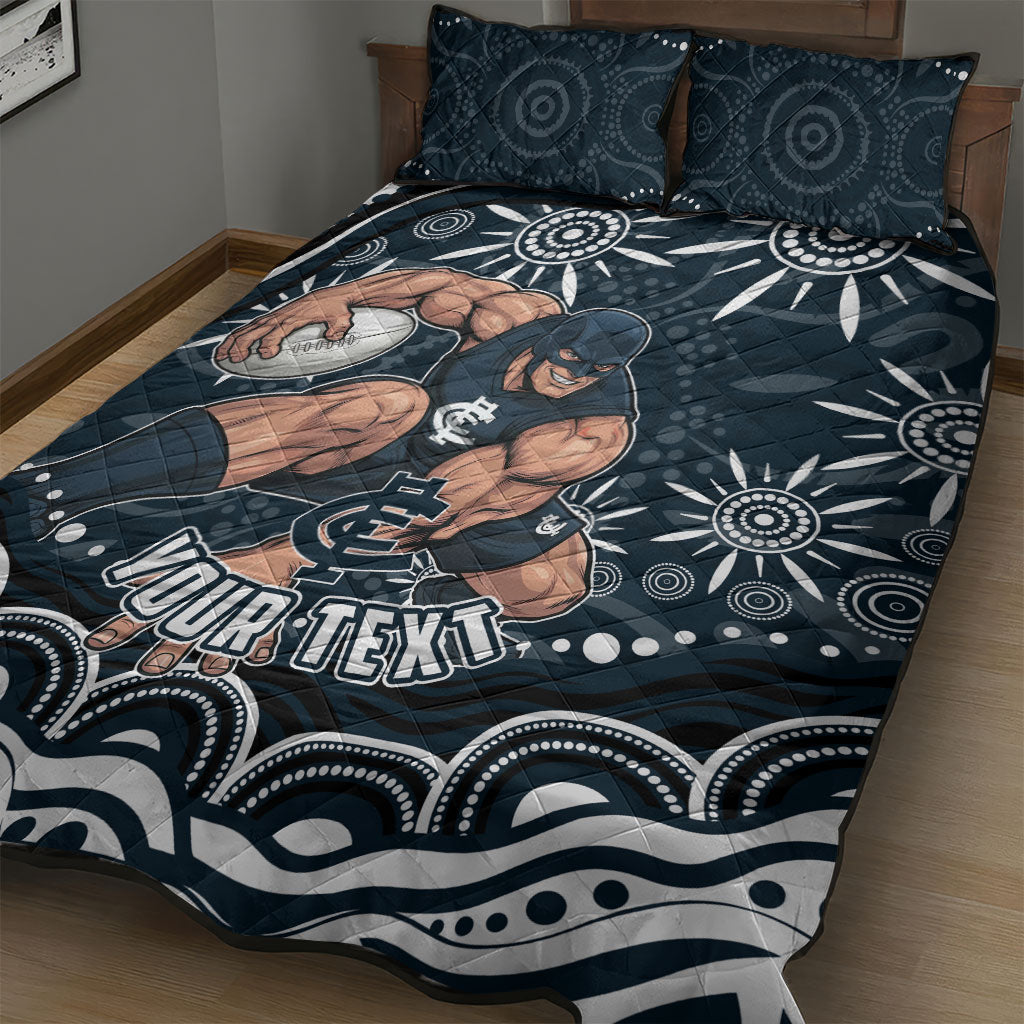 Personalized Carlton Blues Rugby Quilt Bed Set Aboriginal Dot Art - Dreamtime Football Mascot