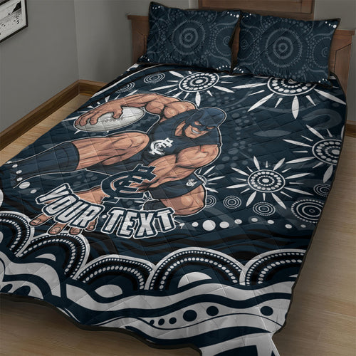 Personalized Carlton Blues Rugby Quilt Bed Set Aboriginal Dot Art - Dreamtime Football Mascot