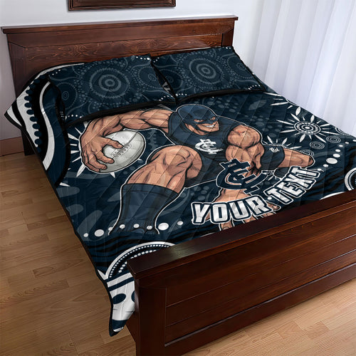 Personalized Carlton Blues Rugby Quilt Bed Set Aboriginal Dot Art - Dreamtime Football Mascot