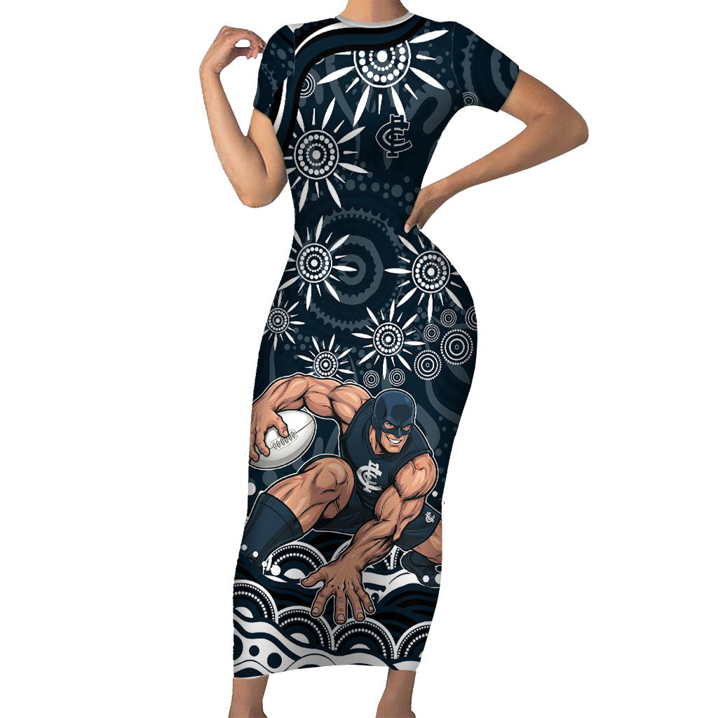 Personalized Carlton Blues Rugby Short Sleeve Bodycon Dress Aboriginal Dot Art - Dreamtime Football Mascot