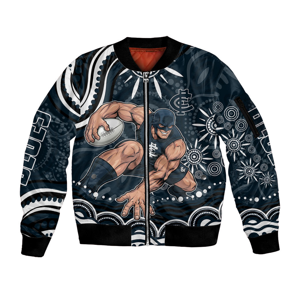 Personalized Carlton Blues Rugby Sleeve Zip Bomber Jacket Aboriginal Dot Art - Dreamtime Football Mascot