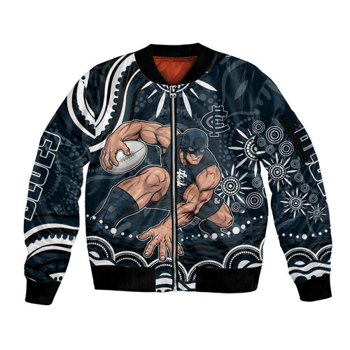 Personalized Carlton Blues Rugby Sleeve Zip Bomber Jacket Aboriginal Dot Art - Dreamtime Football Mascot