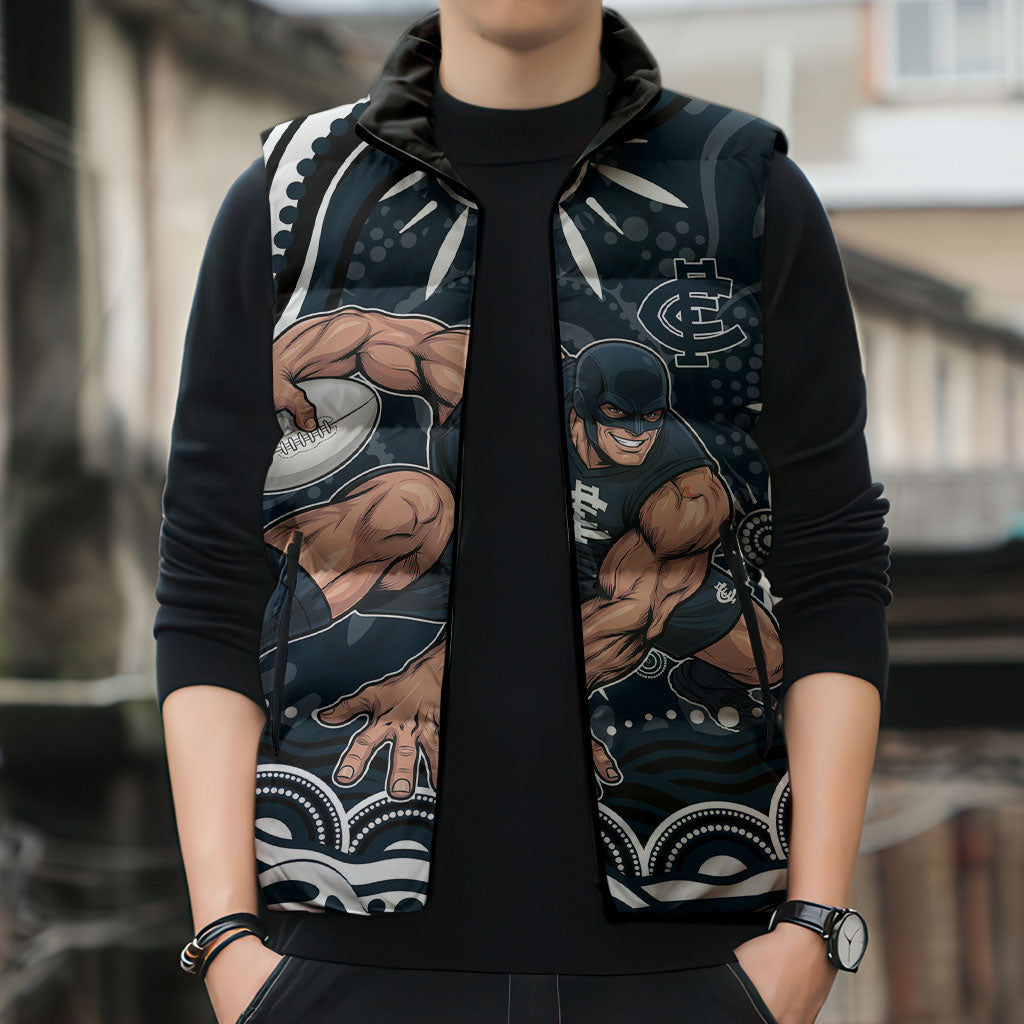 Personalized Carlton Blues Rugby Sleeveless Puffer Jacket Aboriginal Dot Art - Dreamtime Football Mascot