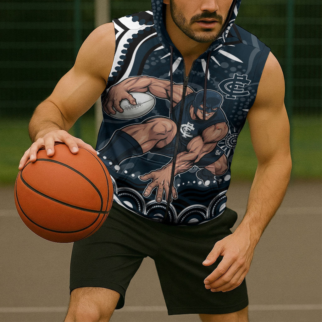Personalized Carlton Blues Rugby Sleeveless Zip Hoodie Aboriginal Dot Art - Dreamtime Football Mascot