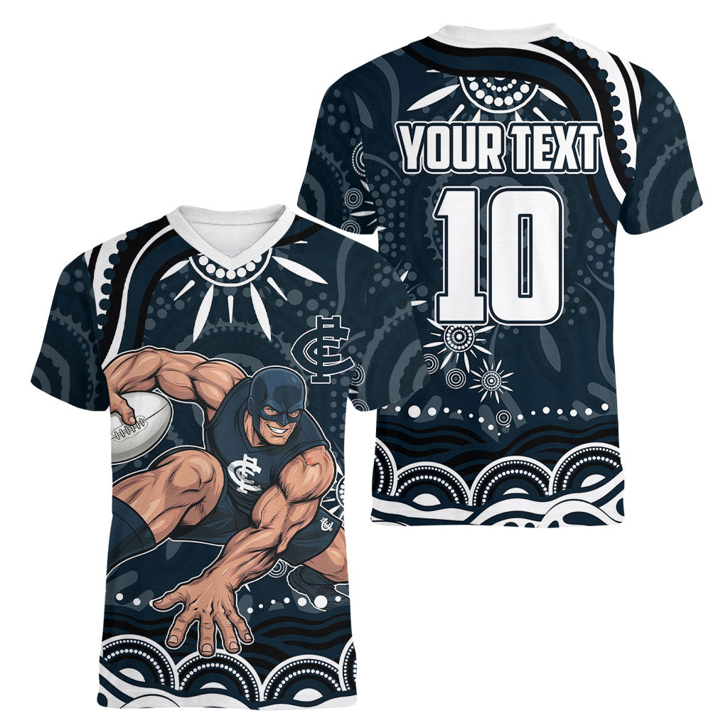 Personalized Carlton Blues Rugby Women V-Neck T-Shirt Aboriginal Dot Art - Dreamtime Football Mascot