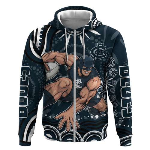 Personalized Carlton Blues Rugby Zip Hoodie Aboriginal Dot Art - Dreamtime Football Mascot