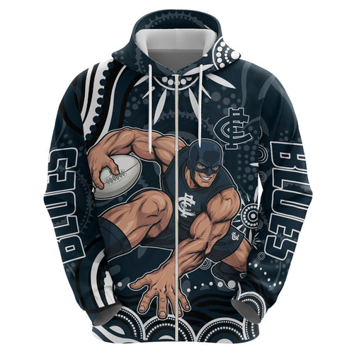 Personalized Carlton Blues Rugby Zip Hoodie Aboriginal Dot Art - Dreamtime Football Mascot