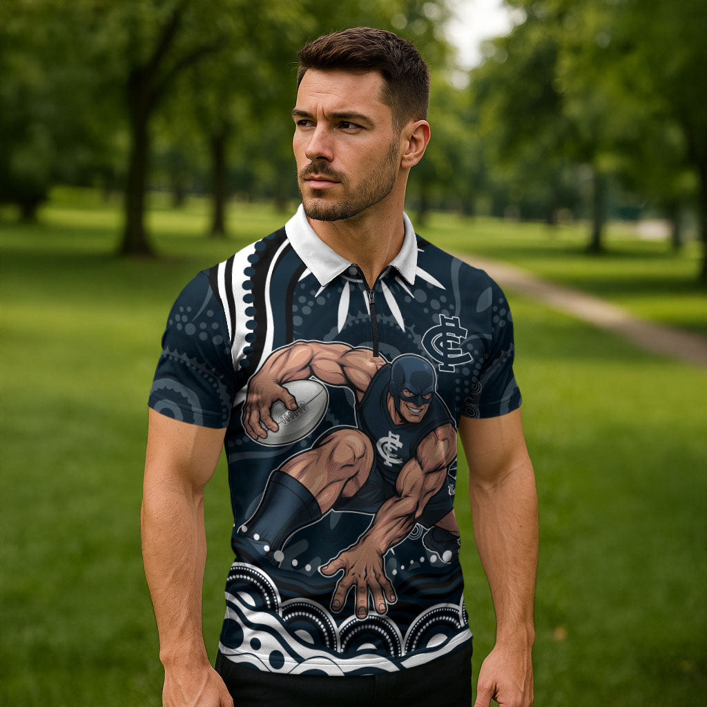 Personalized Carlton Blues Rugby Zipper Polo Shirt Aboriginal Dot Art - Dreamtime Football Mascot