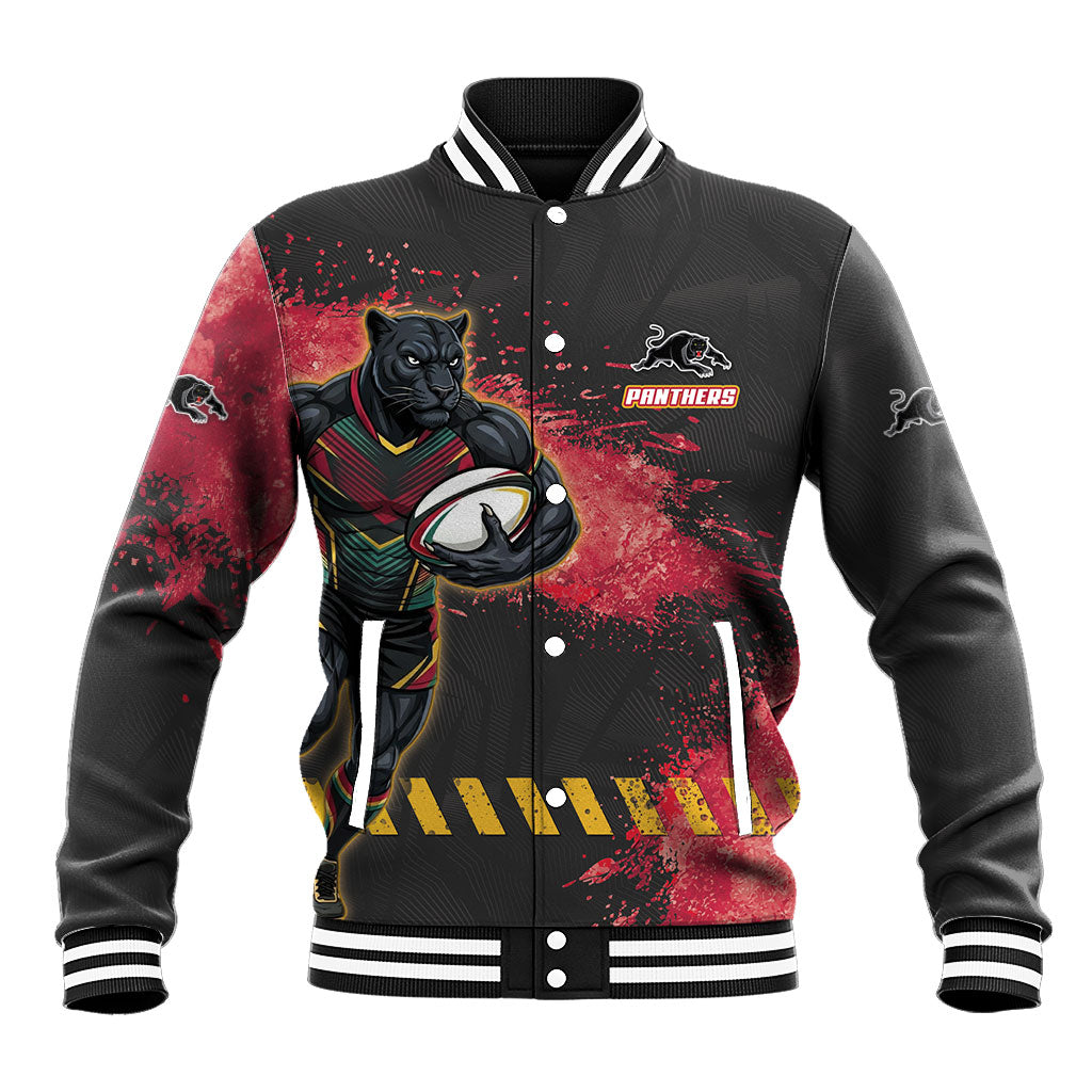 Personalised Penrith Panthers Rugby Baseball Jacket Black Panther Mascot - Sporty Splash Art Style