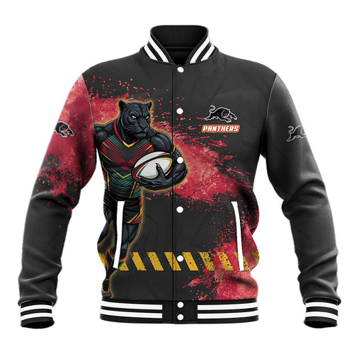 Personalised Penrith Panthers Rugby Baseball Jacket Black Panther Mascot - Sporty Splash Art Style