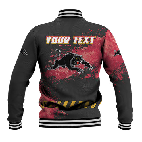 Personalised Penrith Panthers Rugby Baseball Jacket Black Panther Mascot - Sporty Splash Art Style